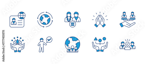 Diversity thin blue icon set. Containingcitizenship, global, gender equality, respect, equity, harmony, acceptance, multicultural, assortment, diversity. Vector illustration