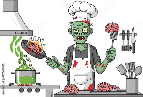 Zombie chef cartoon character cooking brains, horror kitchen scene, creepy undead illustration, Halloween monster vector, scary food theme, blood-stained apron, isolated design