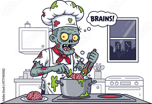Zombie chef cartoon character cooking brains, horror kitchen scene, creepy undead illustration, Halloween monster vector, scary food theme, isolated on white