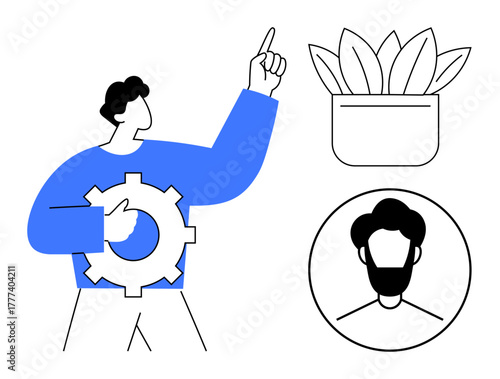 Person holding gear pointing upward, symbolizing innovation and progress. Potted plant signifies growth, while profile icon suggests individuality. Ideal for teamwork, leadership, progress