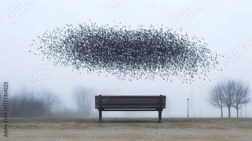 Murmuration of birds above empty park bench in fog
