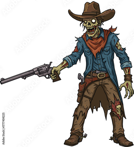 Zombie cowboy, undead gunslinger character, horror western fighter with revolver, creepy outlaw theme, Halloween vector, scary wild west illustration, cartoon zombie design