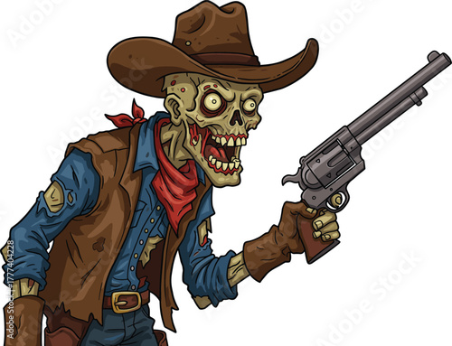 Zombie cowboy, undead gunslinger character, horror western fighter with revolver, creepy wild west theme, Halloween vector, scary outlaw illustration, cartoon zombie design