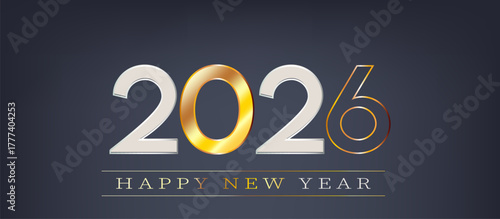 Happy New Year 2026 Elegant Design: Modern Typography featuring White, Shiny Gold Metallic, and Outline Numbers on a Luxurious Dark Graded Background, perfect for Corporate Holiday Greetings, Upscale 
