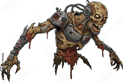 Zombie cyborg character, horror sci-fi vector, undead mechanical monster, exposed wires, glowing eyes, tattered pants, creepy hybrid creature, post-apocalyptic theme, scary illustration