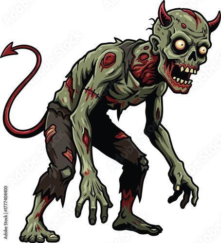 Zombie demon character, horror fantasy vector, undead monster, glowing yellow eyes, red horns, pointed tail, tattered pants, creepy creature, supernatural beast, scary illustration