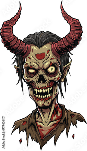 Zombie demon character, horror fantasy vector, undead monster, skeletal face, glowing yellow eyes, twisted red horns, tattered garment, creepy supernatural beast, scary illustration