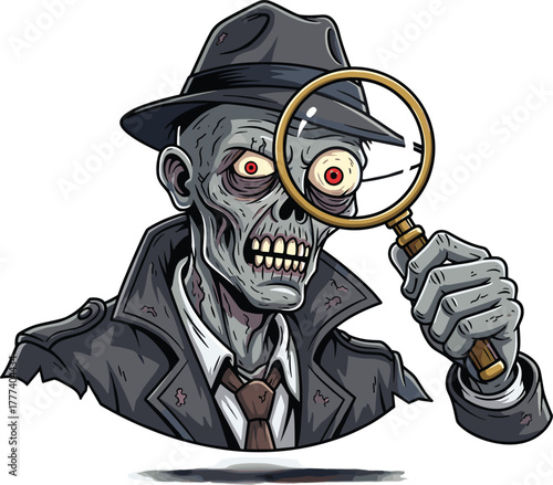 Zombie detective, cartoon character, horror mystery, undead investigator, magnifying glass, red eyes, trench coat, vector illustration, spooky theme, eerie design