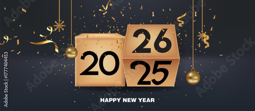 Happy New Year 2026 Transition Design: Golden Dice Changing from 2025 to 2026, surrounded by Realistic Gold Confetti, Streamers, and Holiday Ornaments on a Dark Background for Festive Seasonal Marketi
