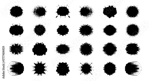 An array of 24 black ink blot shapes arranged in 4 rows against a white background