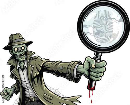 Zombie detective, cartoon illustration, horror mystery, undead investigator, trench coat, magnifying glass, glowing eyes, blood detail, vector art, eerie character design