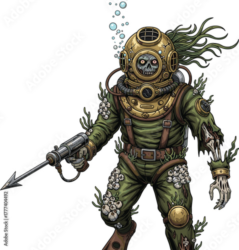 Zombie diver, cartoon character, horror underwater theme, undead explorer, deep-sea suit, harpoon gun, glowing eyes, vector illustration, eerie ocean monster, creepy design