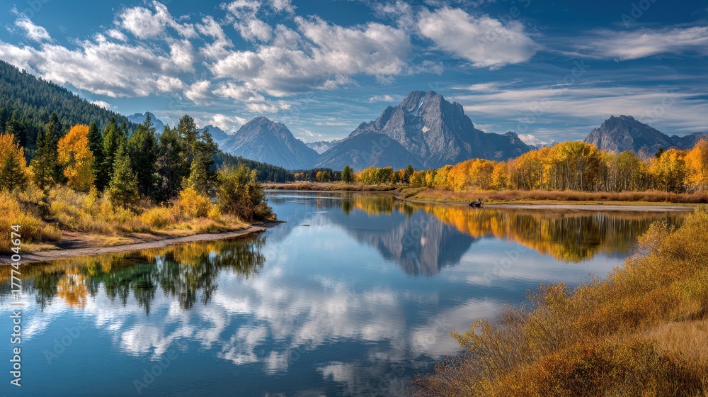Fototapeta premium Jackson Wy. Oxbow Bend: Beautiful Autumn Scenery with Bright Colors