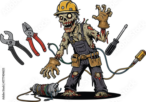 Zombie electrician character, cartoon undead worker, horror tool theme, spooky repair illustration, Halloween vector art, creepy wiring scene, scary monster design