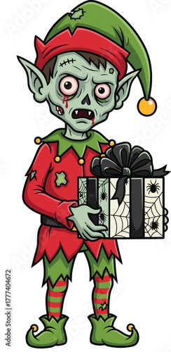 Zombie elf vector, spooky Christmas character, creepy holiday gift, horror festive design, undead cartoon illustration, Halloween Christmas crossover, scary seasonal artwork