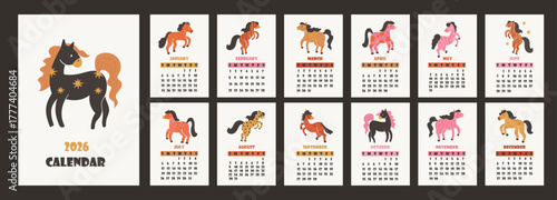 2026 Horse Character Calendar Layout with Horses for Each Month.