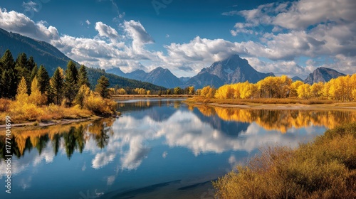 Jackson Wy Oxbow Bend: Beautiful Autumn Landscape with Bright Colours and Calm Waters
