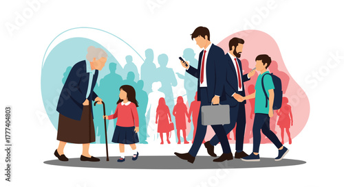 People of various ages, from children to seniors, walk and interact, illustrating intergenerational connections and societal diversity.