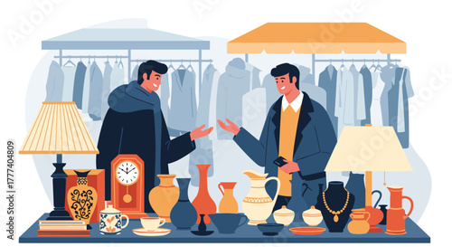 Two smiling men interact at an outdoor flea market stall, surrounded by various vintage items and clothing racks.