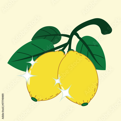 Flat Design Two Lemon With Leaf Sparkling Fresh Fruit Illustration