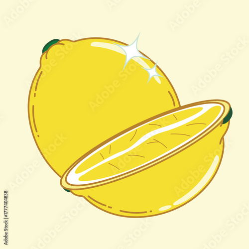 Cute Cartoonish Lemon Illustration with Slice and Sparkle Freshness Element