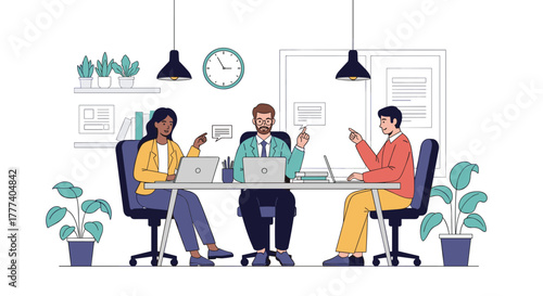 Three diverse business professionals collaborating at an office desk, discussing ideas and working on laptops in a modern workplace setting.