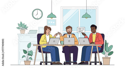 Diverse team of professionals working together on laptops in a bright, contemporary office environment.