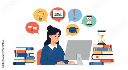 Young woman actively engages in online learning and critical thinking, surrounded by books and symbols of academic achievement.