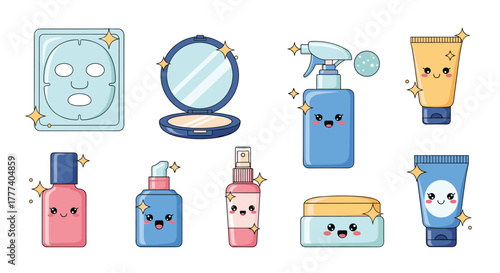 Sweet collection of cute and shiny kawaii-style cartoon beauty products, including face masks, compact mirrors, spray bottles, creams, and lotions.
