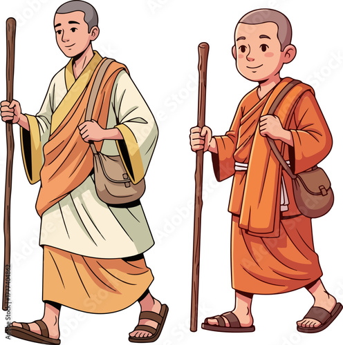 Traveling monk walking with wooden stick and small bag