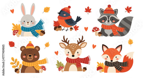Cute autumn forest animals set with warm scarves and hats, surrounded by colorful fall leaves, mushrooms, and acorns.