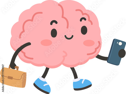 Cartoon Brain Holding Phone and Briefcase