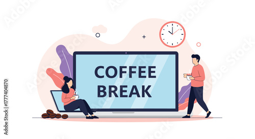 People taking a coffee break with a laptop, enjoying a moment of relaxation and a hot drink during their workday.