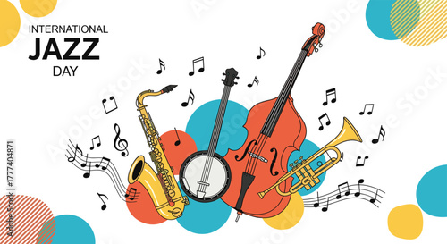 A vibrant illustration celebrating International Jazz Day with a collection of classic jazz instruments and floating musical notes.