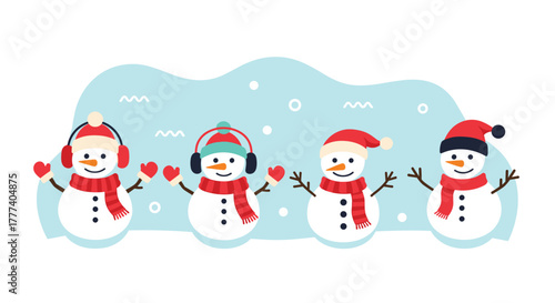 Four cheerful snowmen wearing winter hats, scarves, earmuffs, and mittens stand together in a snowy landscape.