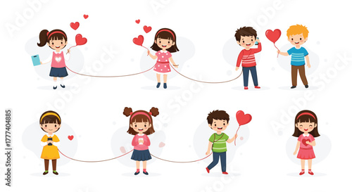 Cartoon children demonstrate various forms of love and connection, from digital communication with phones to sharing heart balloons.