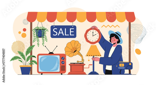 A person at a market stall selling vintage and antique items like a television, gramophone, and clock, under a \.