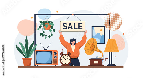 A person holds a 'SALE' sign above a collection of various household and vintage items, including a TV, alarm clock, and phonograph, displayed on a shelf.