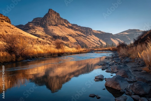 John Day River at Sunrise: Scenic Landscape with Rocks and Hills in Central Oregon