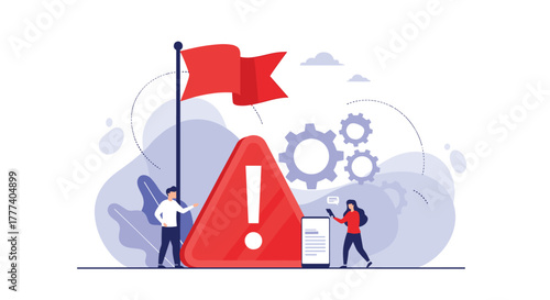 Team members address a critical system alert and manage an error or potential risk, symbolizing problem-solving and digital security challenges.