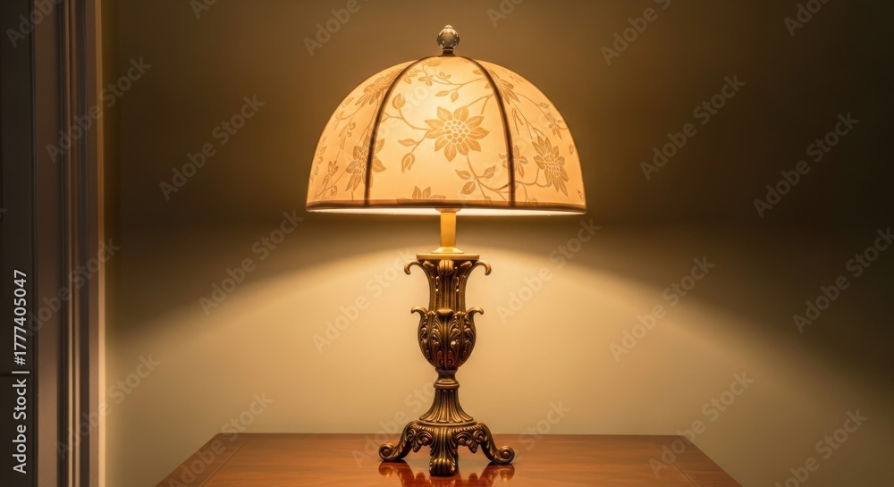 Obraz premium Illuminated antique table lamp with floral shade and ornate brass base