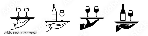 Waiter carrying the tray of wine glasses icon set. Vector illustration. 