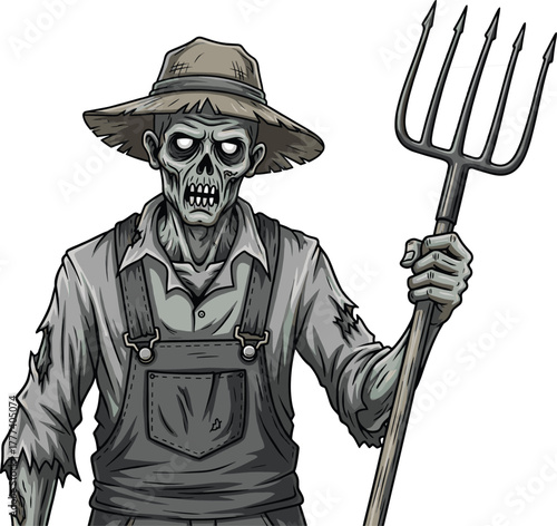 Zombie farmer vector, cartoon undead rural character with pitchfork, Halloween horror illustration, scary agriculture worker, creepy monster in straw hat