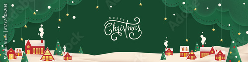 Green Merry christmas and happy new year greeting card banner paper art style with  snowy winter landscape red village and forest scene for holiday celebration and festive background