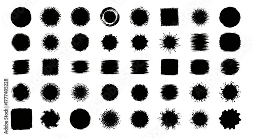 Assorted black shapes circles squares  starbursts in rows on a white background