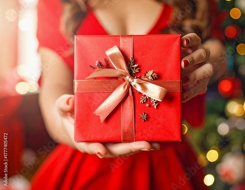 Woman presenting a beautifully wrapped red gift box during the holiday season