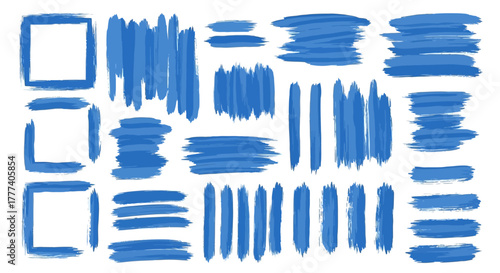 Blue brush strokes  square outlines on a white background in a rough textured style