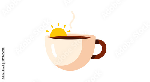 Morning Coffee Cup with Rising Sun Illustration.
