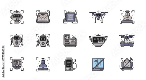 Robotics and Artificial Intelligence Icons Set.