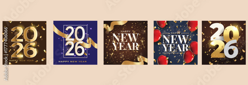 Modern Insta Post Collection for New Year 2026 Celebration Featuring Gold and White Typography on Dark Backgrounds – Festive Social Media Templates and Holiday Graphic Design